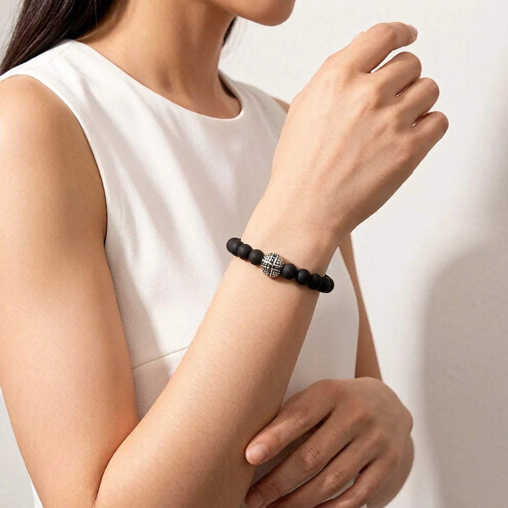Matte Black Obsidian Karma Bracelets Cross Bead 925 Sterling Silver Europe Style Fashion Jewelry Gift