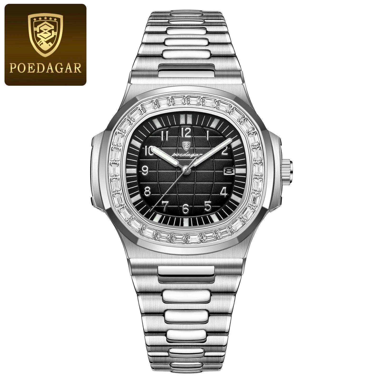 POEDAGAR Luxury Square Watches for Men Waterproof Luminous Date Man Wristwatch Stainless Steel Fashion Men's Quartz Watch Reloj