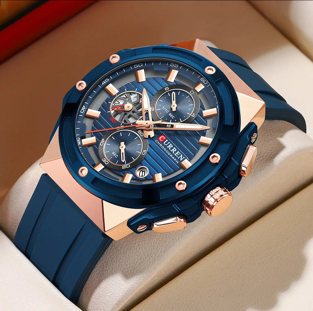 CURREN Classic Brand Men's Wristwatches Casual Business Quartz Silicone Watches with Luminous Hands Chronograph Dial