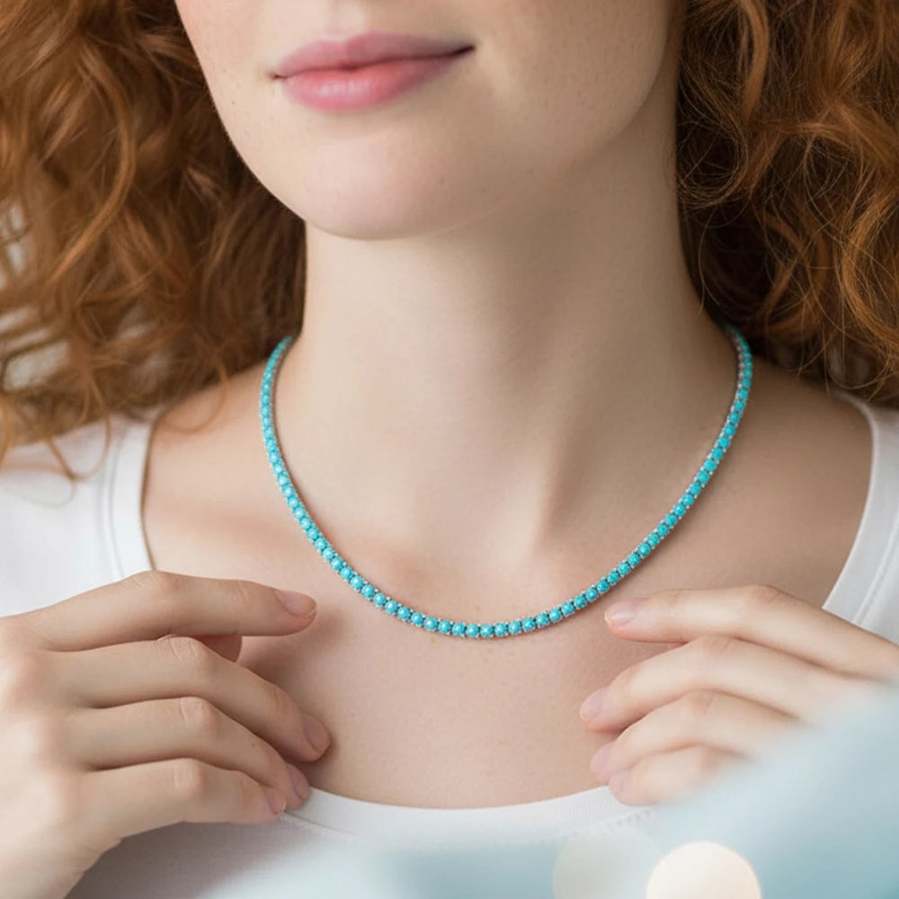 Turquoise Blue 3mm Stone Real 925 Sterling Silver Tennis Chain Necklace Choker 18K Gold/Rhodium Plated 16-24 Inch Fine Jewelry