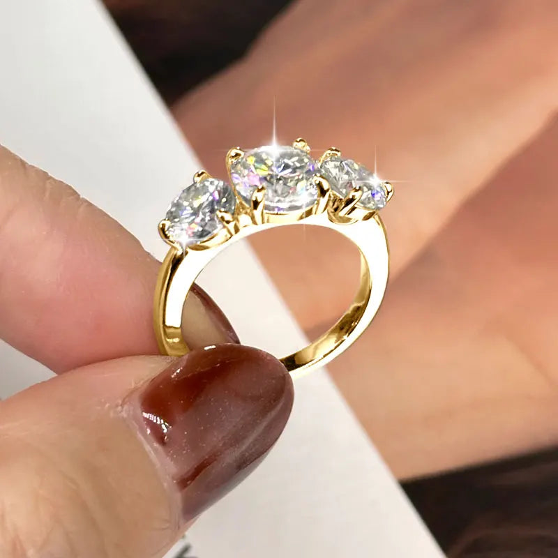 IOGOU 14k Gold Filled Three Stone Ring 8mm&6.5mm D Color Round Moissanite Certified Engagement Wedding Jewelry for Women Rings