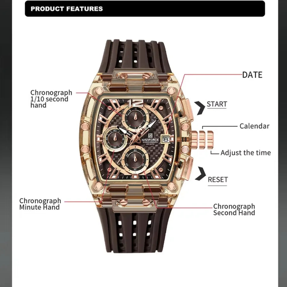 High Quality NAVIFORCE Watches for Man Silica Strap 50M Waterproof Sport Male Clock Casual Quartz Date Display Men's Chronograph