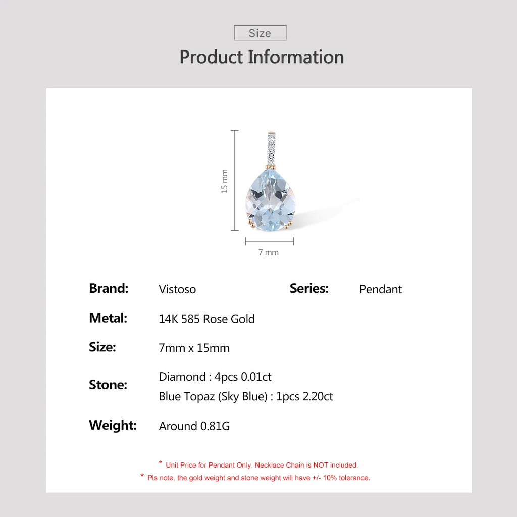 VISTOSO Genuine 14K 585 Rose Gold Pendant For Women Sparkling Pear Shape Natural Sky Blue Topaz Diamonds Daily Fine Jewelry
