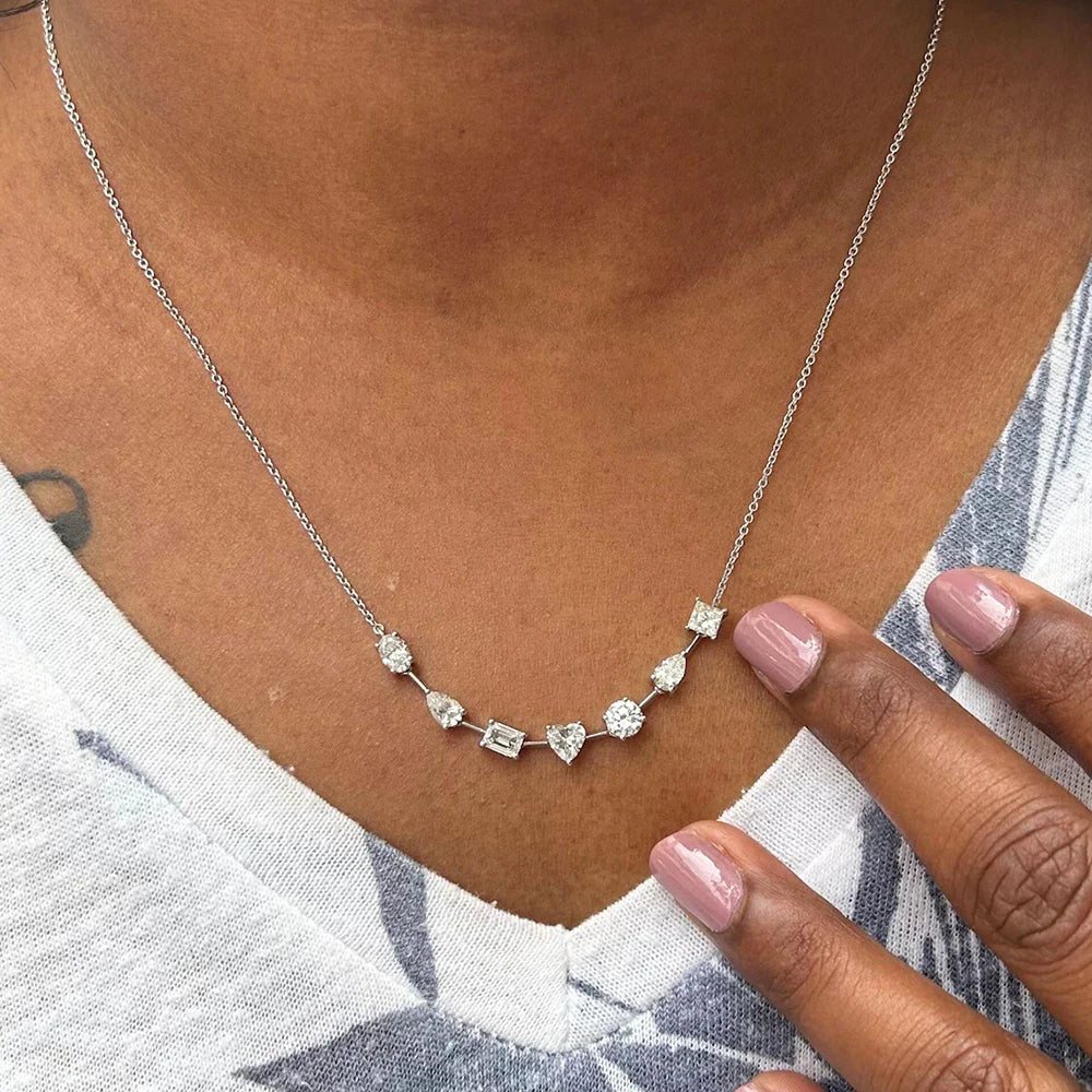 3.5cttw Multi Cut Moissanite Diamond Chain Necklace For Women Curved Shape Seven Stone Necklace S925 Silver Daily Wear Jewelry