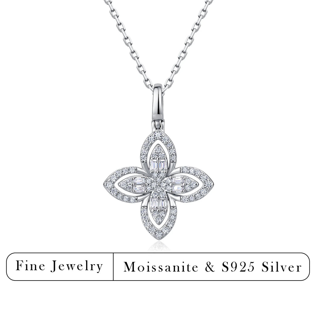 0.53ctw Four-Petal Flower Moissanite Necklace S925 Silver Mixed Baguette Round Stones Women Fashion Clavicle Chain
