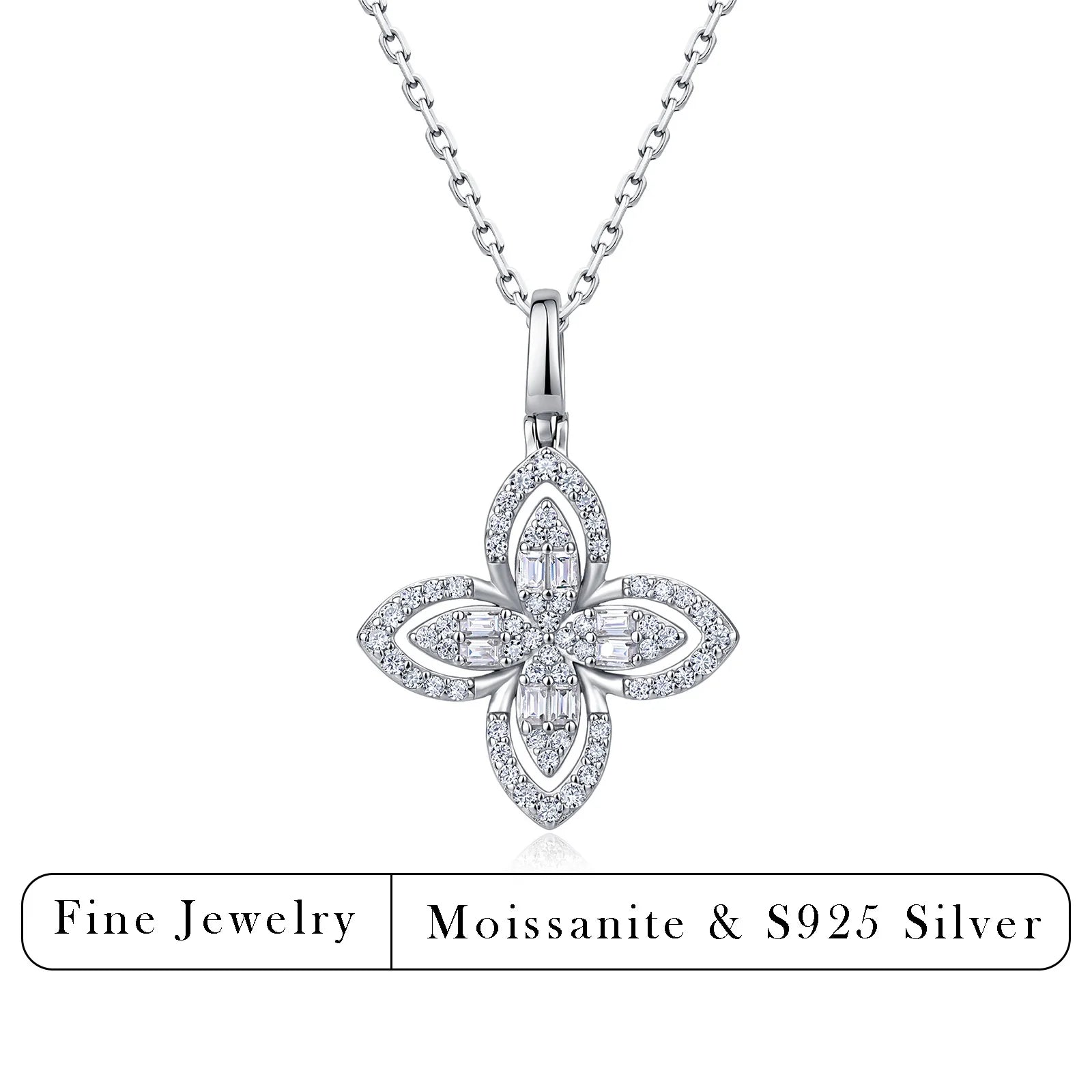 0.53ctw Four-Petal Flower Moissanite Necklace S925 Silver Mixed Baguette Round Stones Women Fashion Clavicle Chain