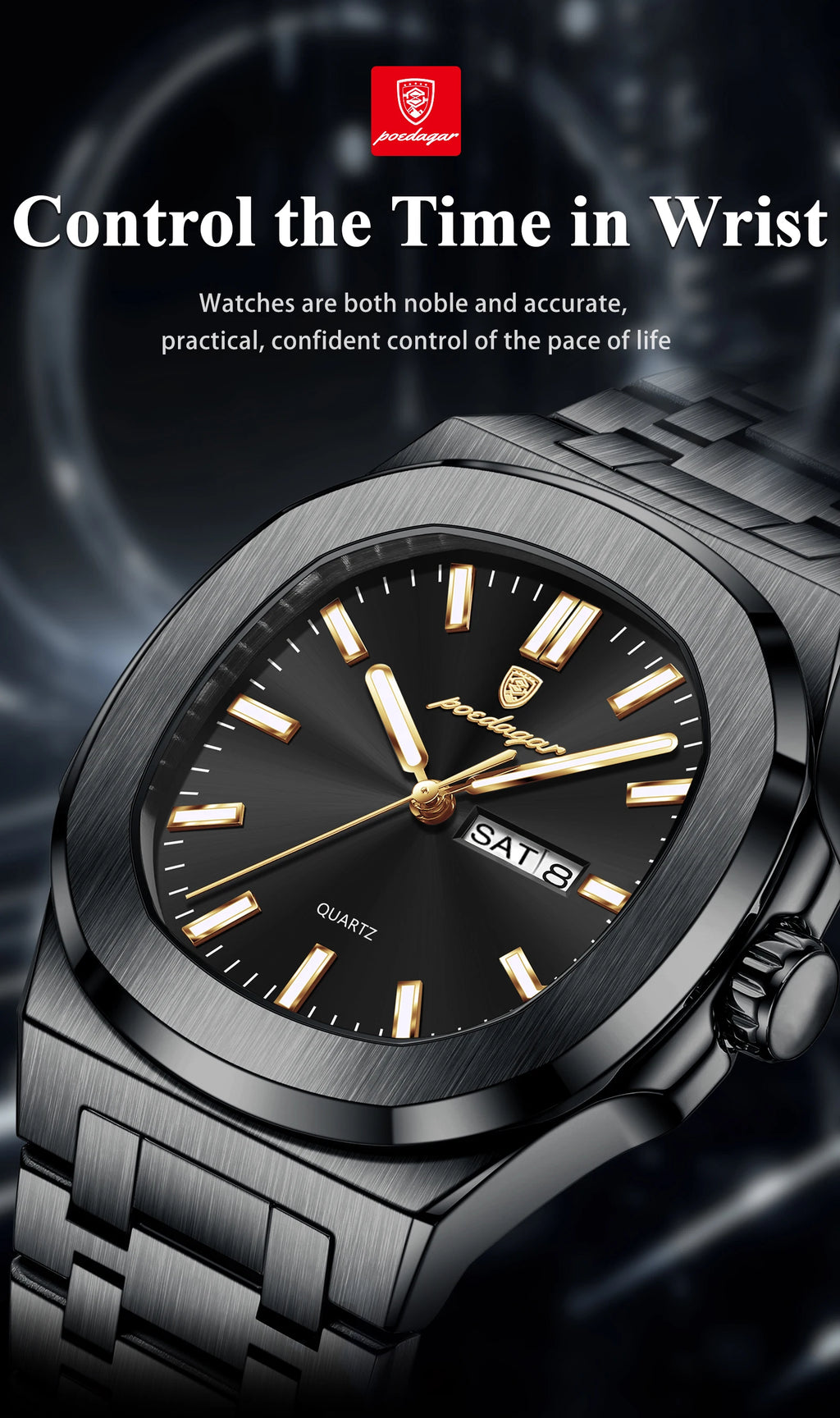 POEDAGAR Original Square Watches For Men Week Date Stainless Steel Man Watch Luminous Waterproof Luxury Men's Quartz Wristwatch