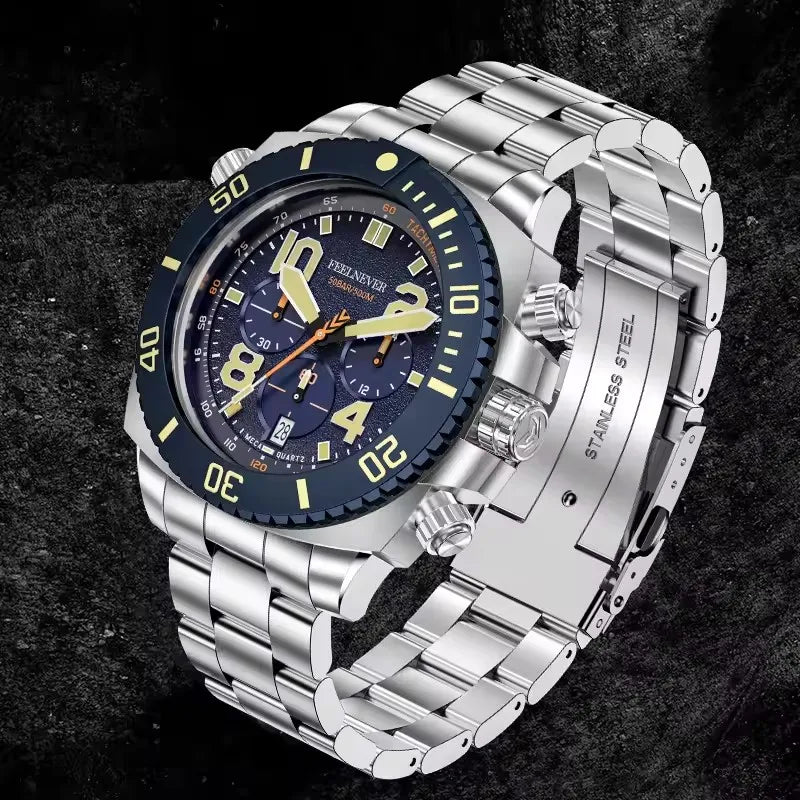 FeelNever Sport Automatic Movement Quartz Watch Stainless Steel Sapphire Crystal Watches Men 500M Waterproof Clocks Reloj Hombre