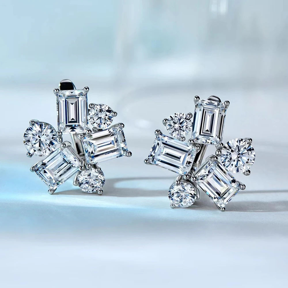 Emerald&Round Cut All Moissanite Hoop Earrings for Women S925 Silver Sparkling Multi Stone Diamond Stud Earrings Wedding Jewelry