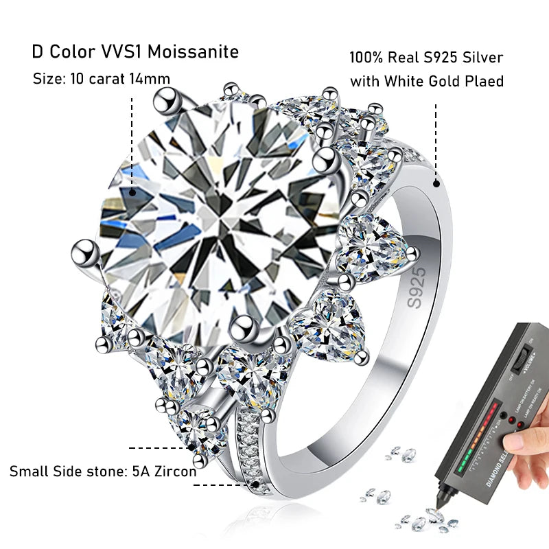 Tezzc 10 Carat Moissanite Ring For Women Oversized Diamond With Certificate 925 Sterling Silver Engagement Wedding Jewelry