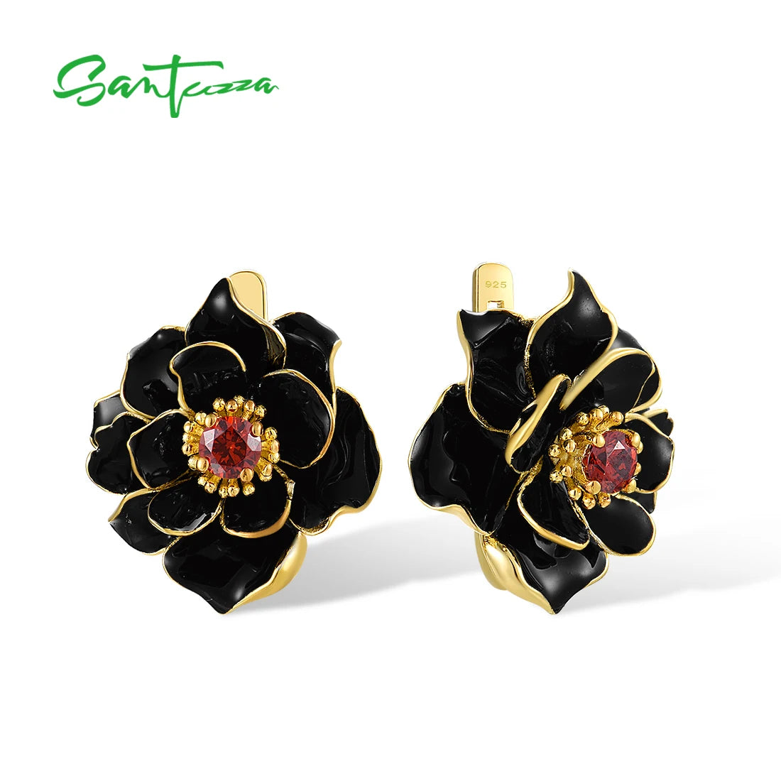 SANTUZZA Genuine 925 Sterling Silver Earrings For Women White Black Flower Garnet Wedding Party Fine Jewelry Handmade Enamel