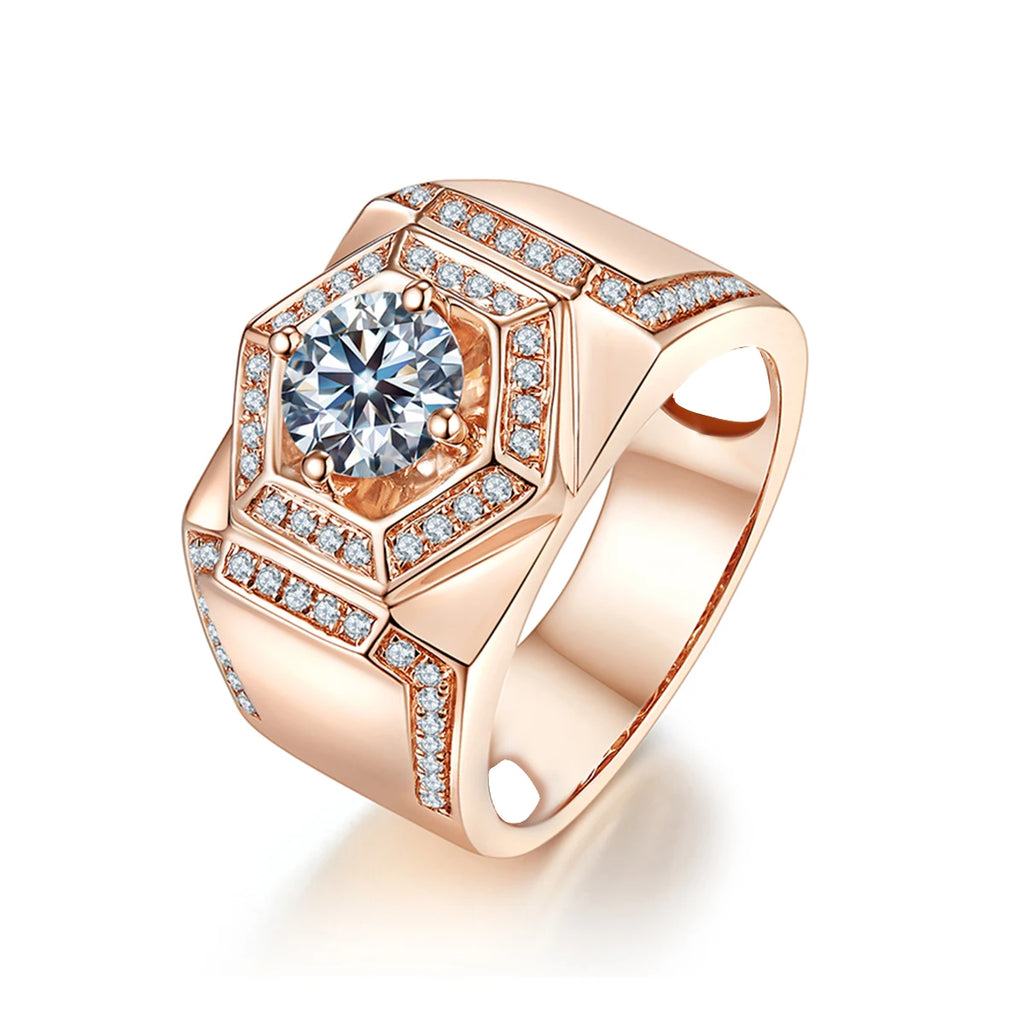 Original 925 Sterling Silver Ring Round Moissanite Diamond Mens Rings Rose Gold Color Thick Luxury Wedding Grooms Fine Jewelry