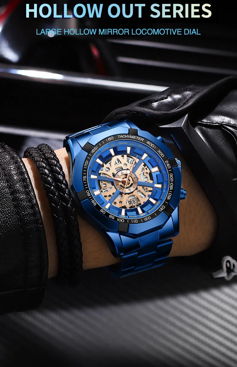 UTHAI Men Watch Light Luxury Brand Business Hollow Luminous Waterproof Stainless Steel Metal Strap Male fashion Quartz Watches