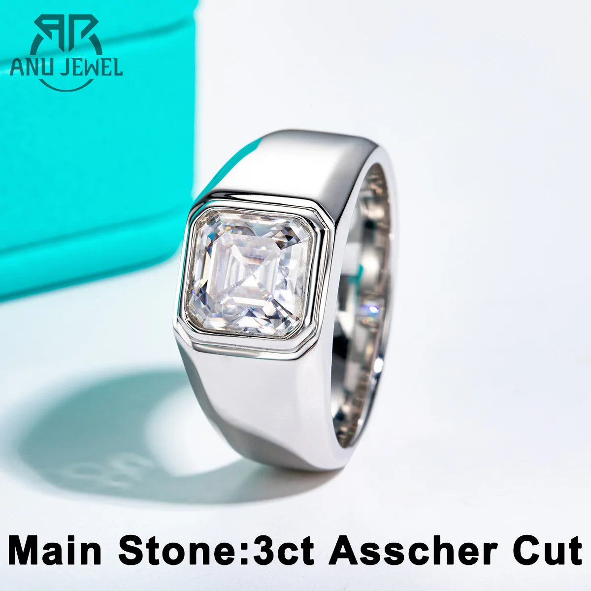 AnuJewel 3ct Asscher Cut D Color Moissanite Engagement Rings Gold Plated S925 Silver Luxury Rings For Men Customs Jewelry