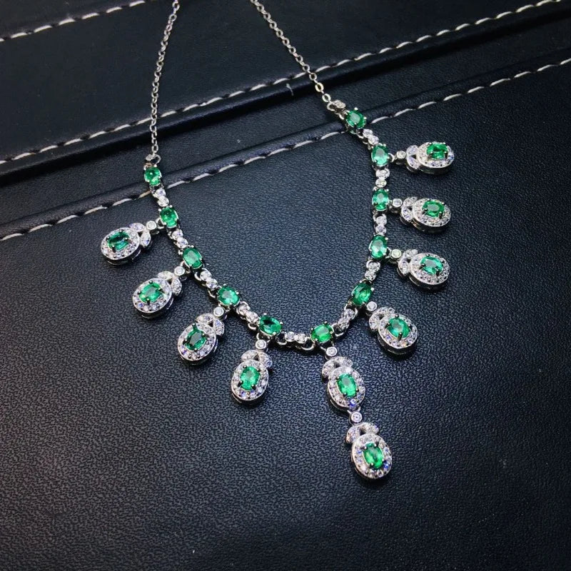 S925 Sterling Silver Inlay 3x4mm Natural Emerald Wing Pendant Necklace for Women Fashion Fine Charm Weddings Jewelry