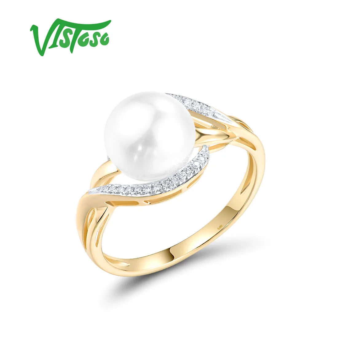 VISTOSO Genuine 14K 585 Yellow Gold Ring For Women Sparkling Diamonds Fresh Water Pearl Delicate Party Fashion Fine Jewelry