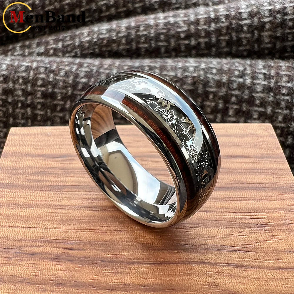 MenBand Finish 10MM Men Women Gear Ring Tungsten Wedding Band Domed With Wood Inlay Comfort Fit Size 7-15