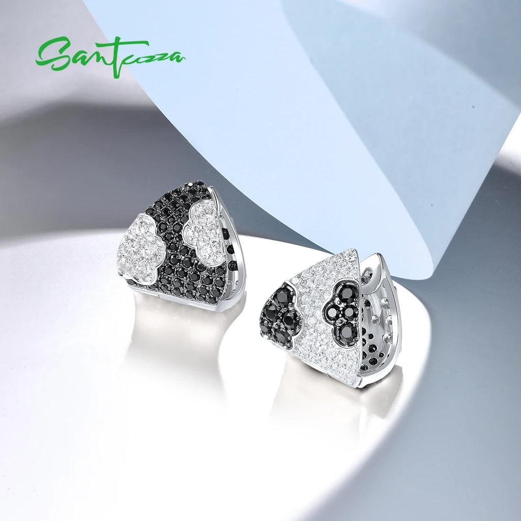SANTUZZA Real 925 Sterling Silver Clip Earrings For Women Sparkling White CZ Black Spinel Chic Triangle Party Fine Jewelry