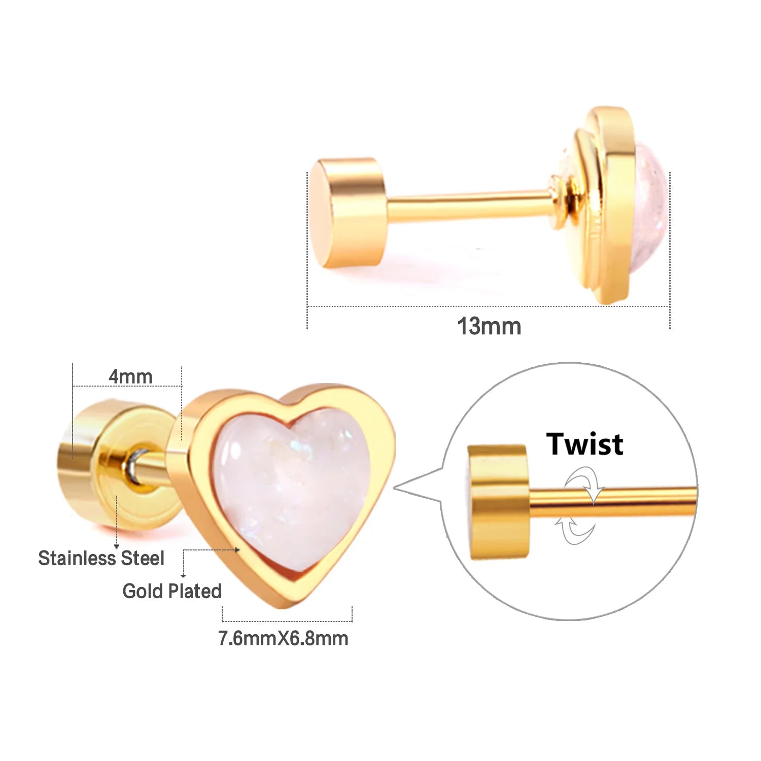12 Pairs Korean Fashion Stainless Steel Stud Earrings Screw Back Earrings for Women Valentine Earrings Pink Heart Earrings