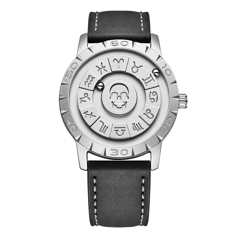 FOXOBOX New Original Luxury Skull Scrolling Pointer Magnetic Force Watch Men Military Sport Waterproof Quartz Wristwatch Clock