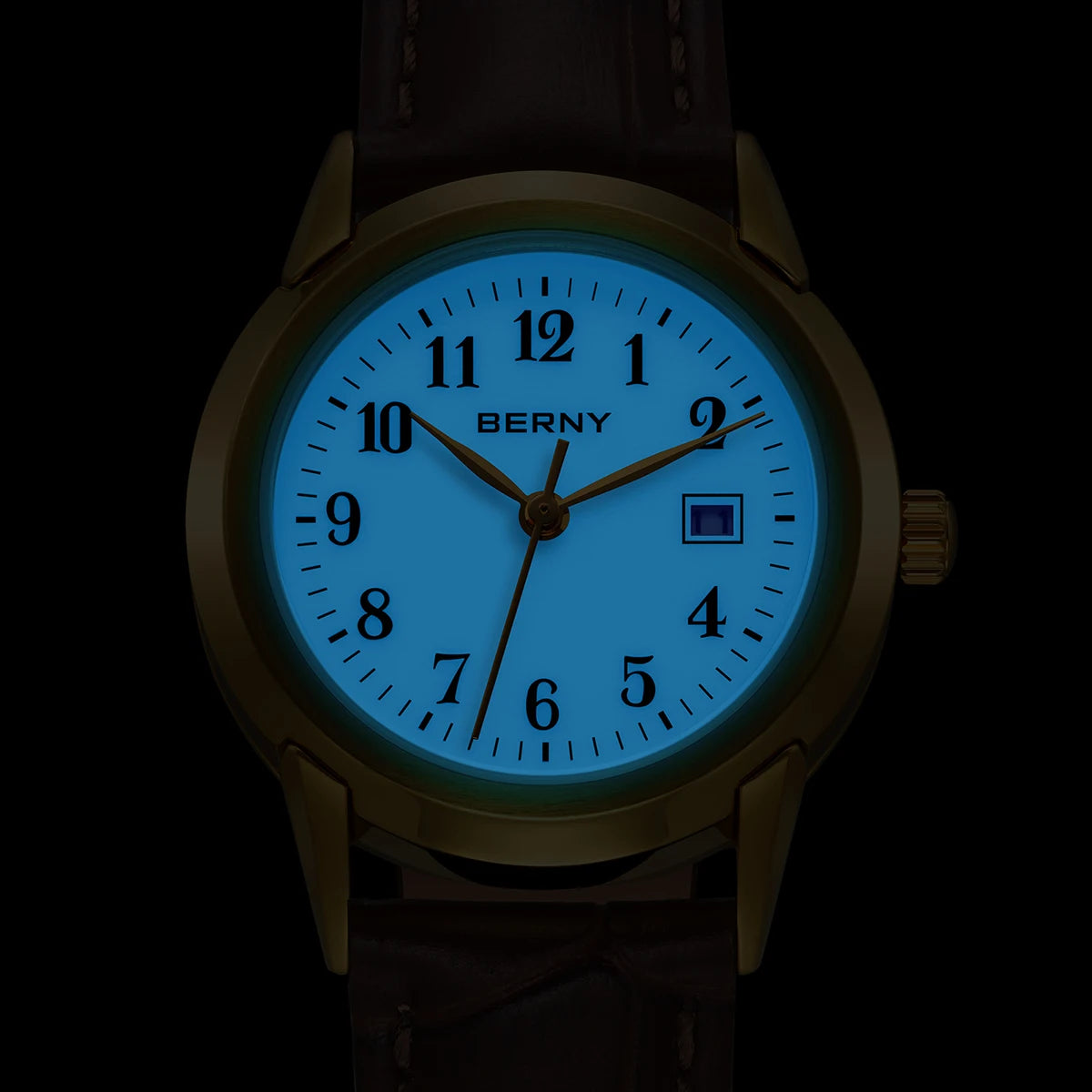 BENRY Golden Women's Quartz Watch Fashion Ladies Wristwatch Luminous Top Display Dial Leather Strap Waterproof Women Watches