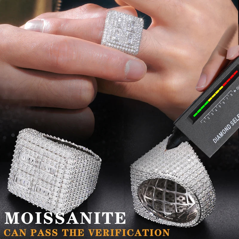 TUHE Unisex S925 Silver Rings Iced Out Baguette VVS1 Moissanite Cross Rings S925 Silver For Men Hip Hop Jewelry Men's Accessorie