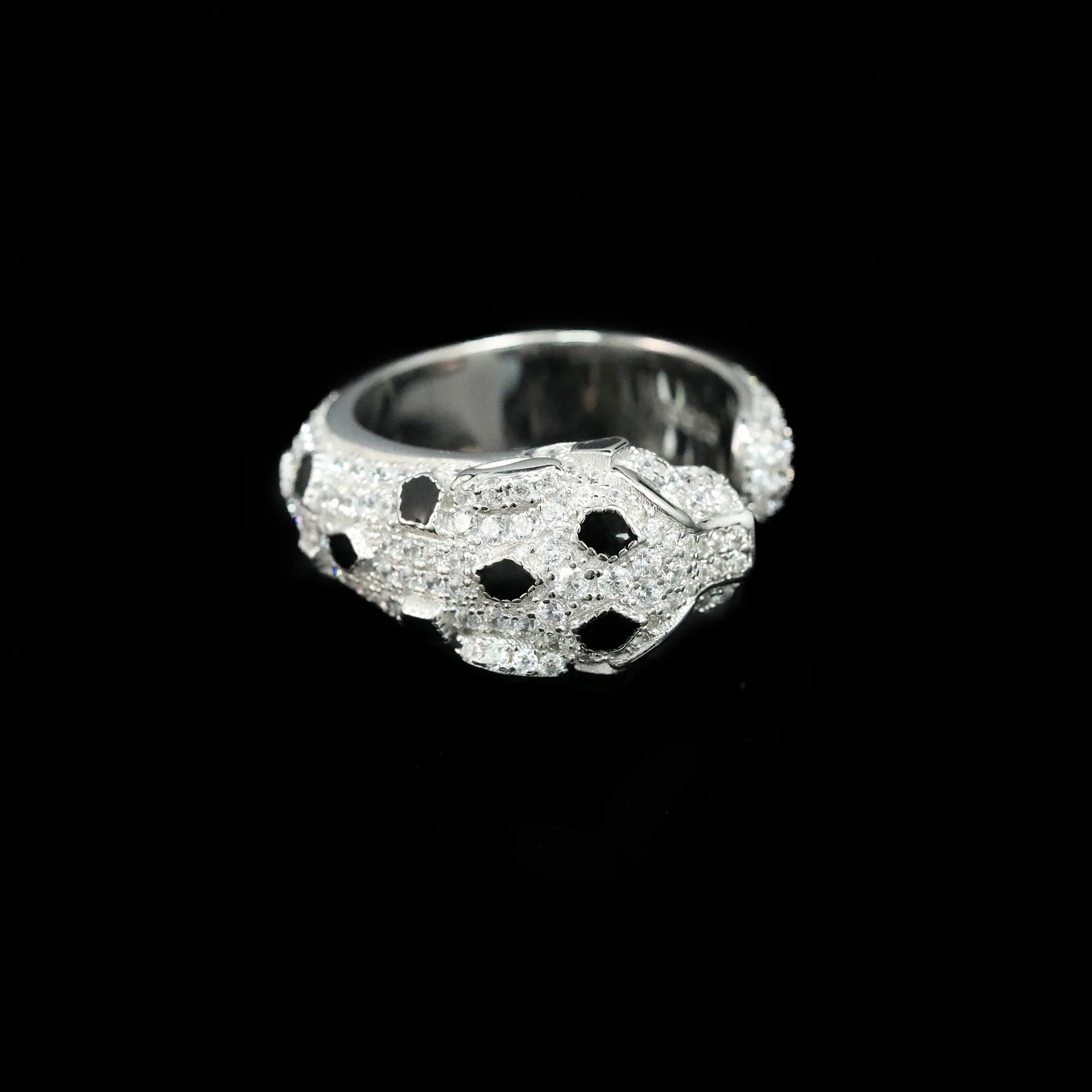 925 Sterling Silver Black Enamel Spot Full CZ Carbon Diamond Panther Leopard Open Rings Luxury Designer Jewelry for Men or Women