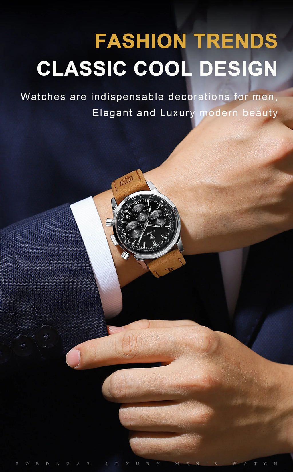 POEDAGAR Luxury Men's Quartz Wristwatch Chronograph Date Leather Man Watch Waterproof Luminous High Quality Fashion Men Watches