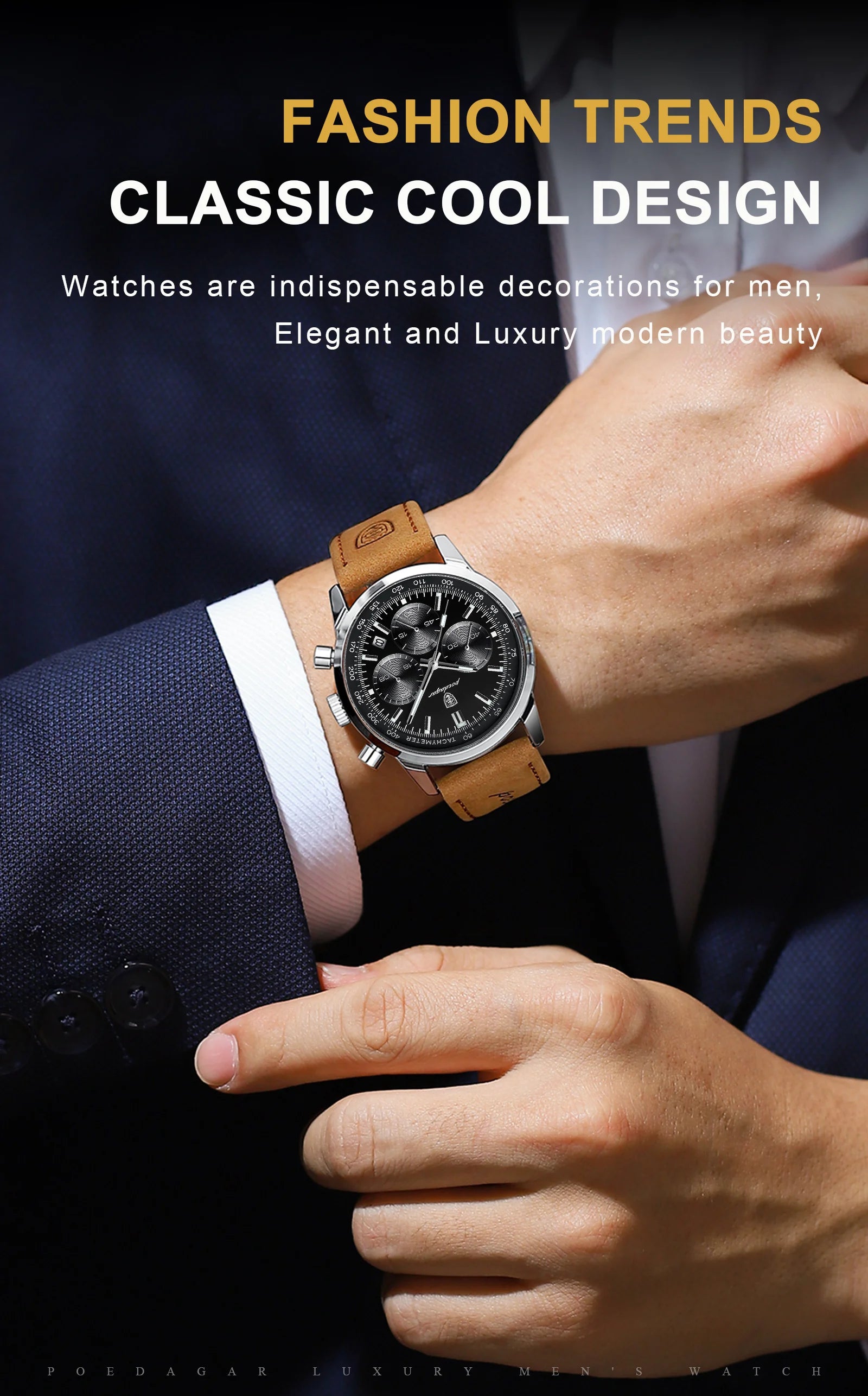 POEDAGAR Luxury Men's Quartz Wristwatch Chronograph Date Leather Man Watch Waterproof Luminous High Quality Fashion Men Watches