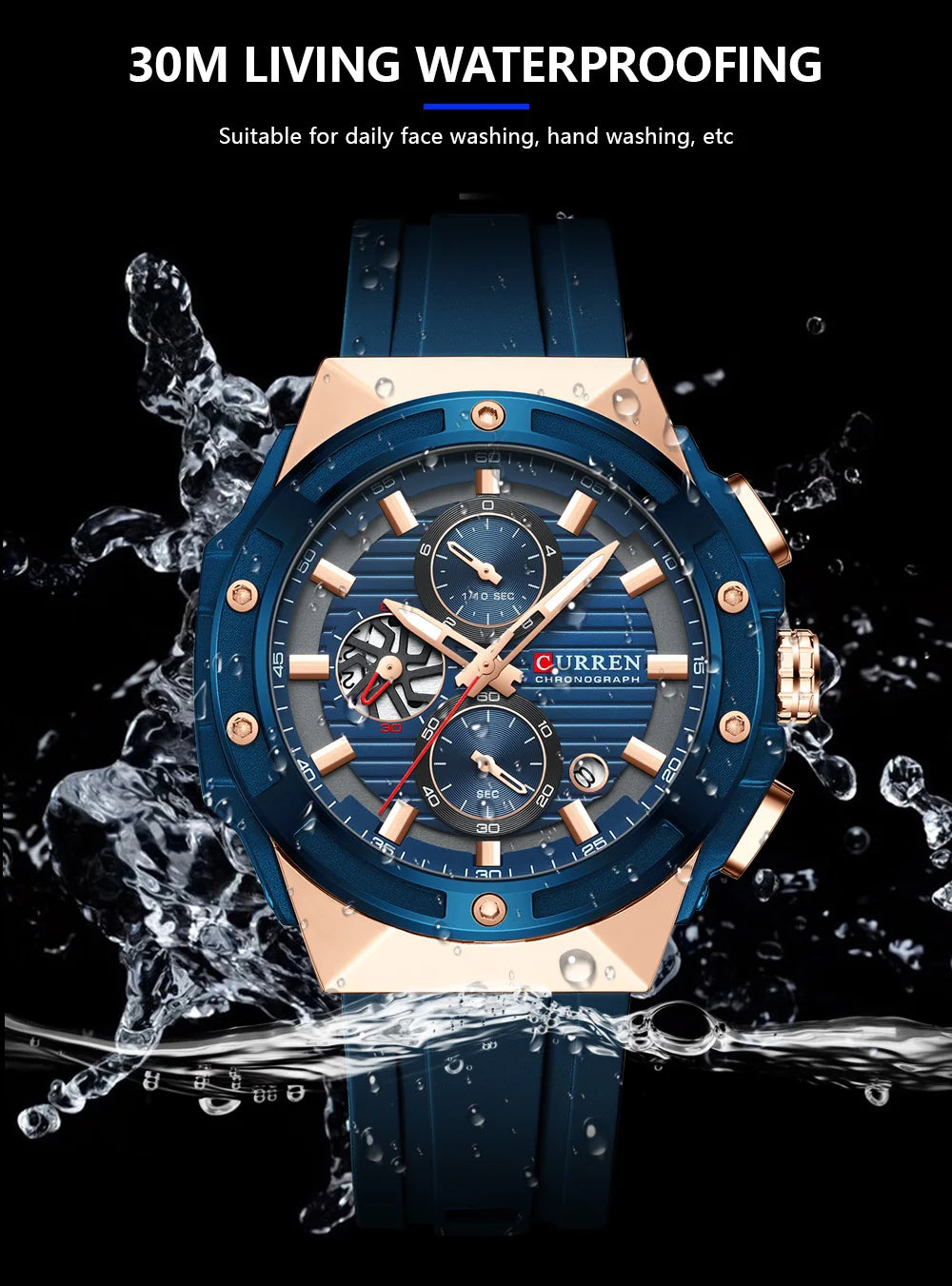 CURREN Classic Brand Men's Wristwatches Casual Business Quartz Silicone Watches with Luminous Hands Chronograph Dial