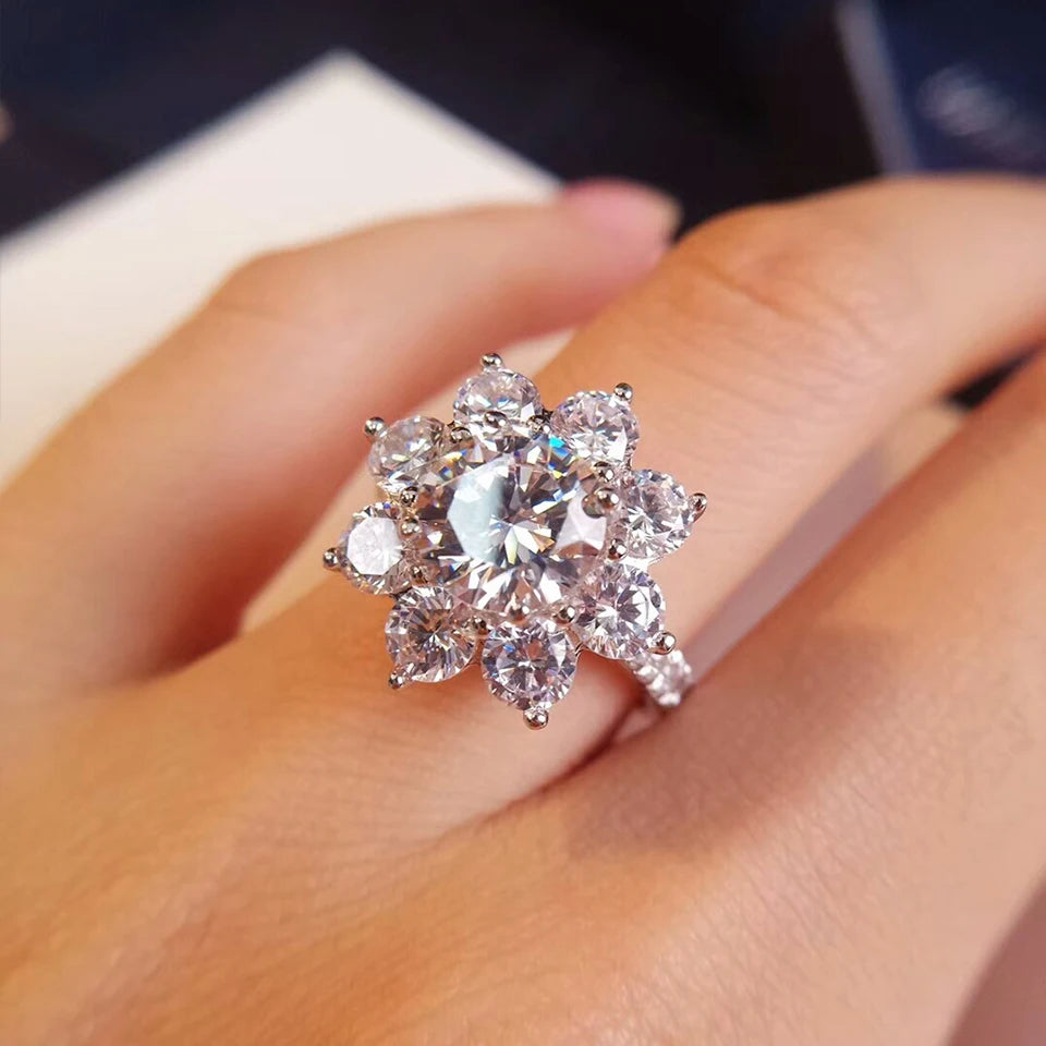 2 Carat Sunflower Real Moissanite Engagement Rings For Women 925 Sterling Silver 18K White Gold Plated Wedding Band with GRA