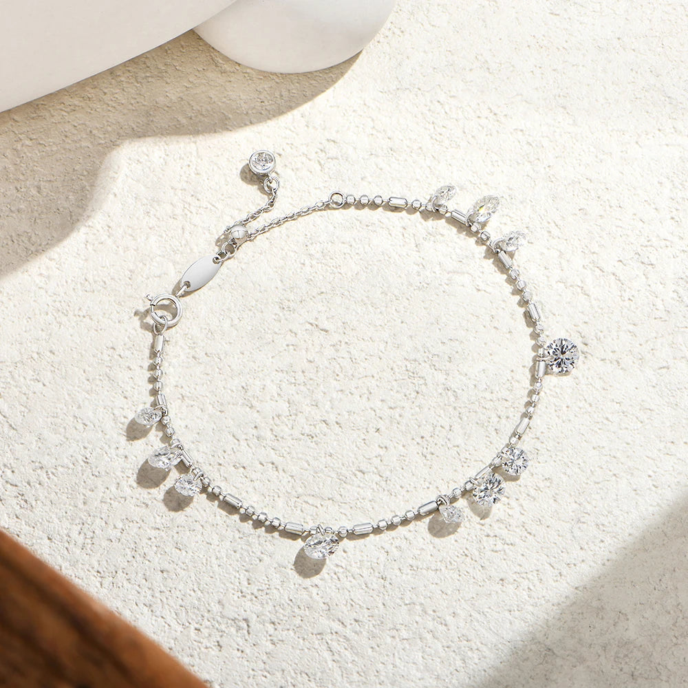 ATTAGEMS Round Cut Drilled Moissanite Bracelets Women S925 Silver Adjustable Beaded Chain Everyday Stackable Jewelry Party Gifts