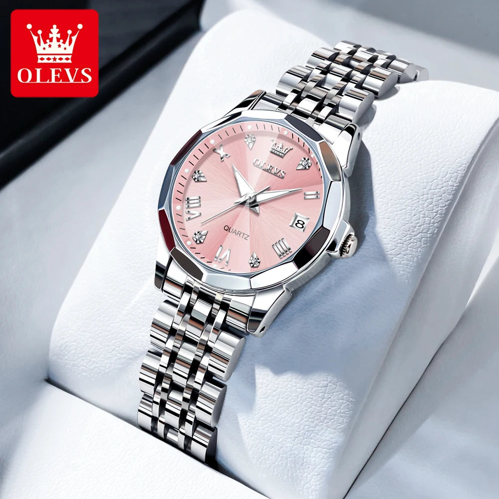 OLEVS Women Watches Elegant Luxury Stainless Steel Strap Original Quartz Wristwatch for Man Waterproof Luminous Date Trend Dress