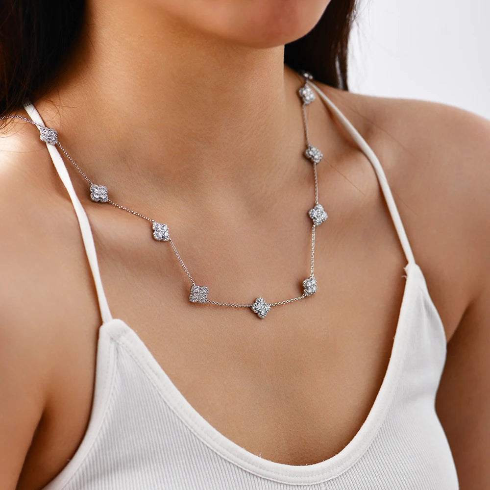 MINTYBOX Flower Moissanite Necklaces S925 Silver Lab Created Diamond Clover Charm Necklace for Women Luxury Jewelry 40+5cm