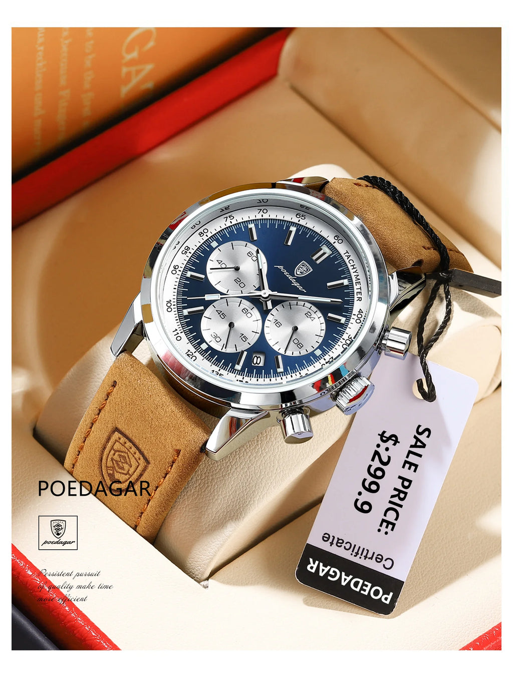 POEDAGAR Luxury Men's Quartz Wristwatch Chronograph Date Leather Man Watch Waterproof Luminous High Quality Fashion Men Watches