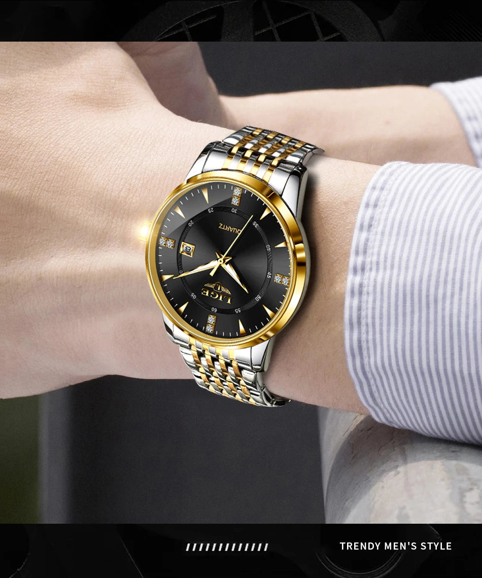 LIGE Luxury Quartz Wristwatches Mens Watch Stainless Steel Watches Luminous Date Waterproof Outdoor Diving Sports Watch reloj
