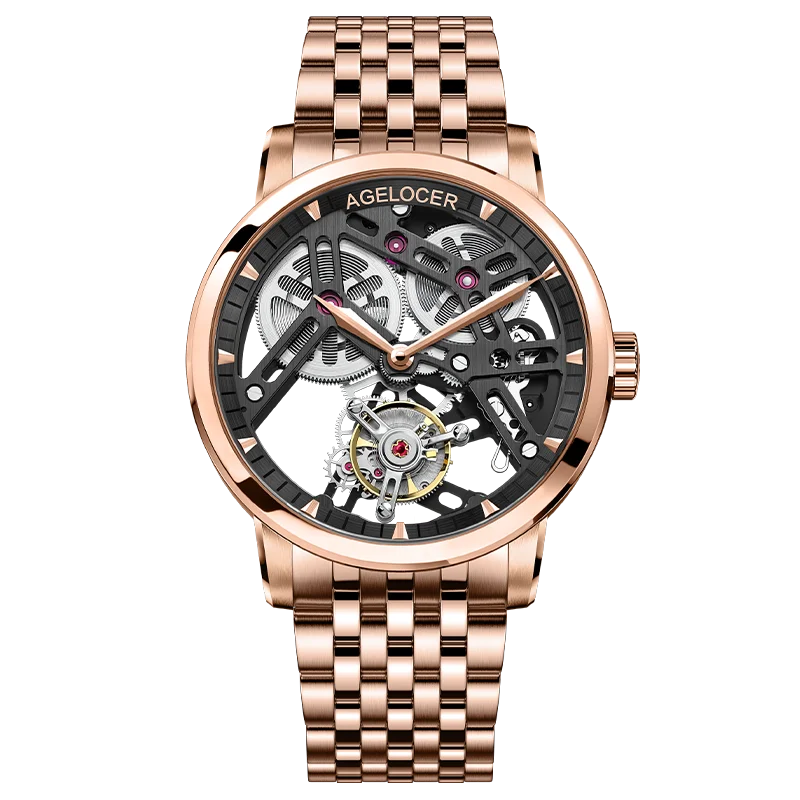 AGELOCER Original Tourbillon Watch Fashion Men's Business Formal Luxury Skeleton Manual Mechanical Watch Birthday Gift for Men