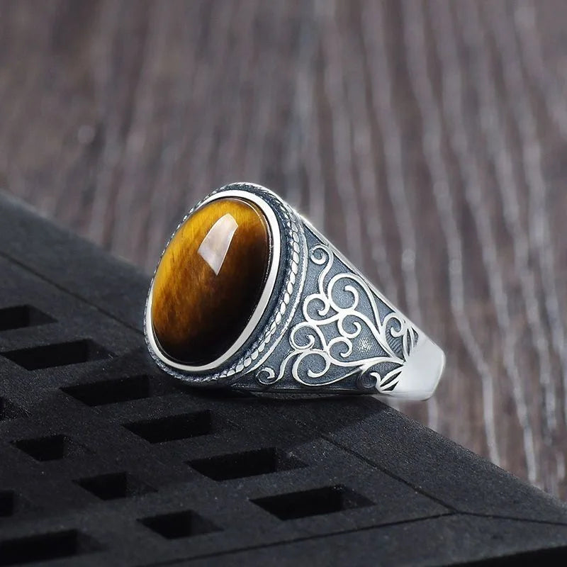 925 Sterling Silver Vintage Natural Tiger's Eye Stone 10*14MM Retro Style Large Stone Finger Rings Fine Jewelry For Men