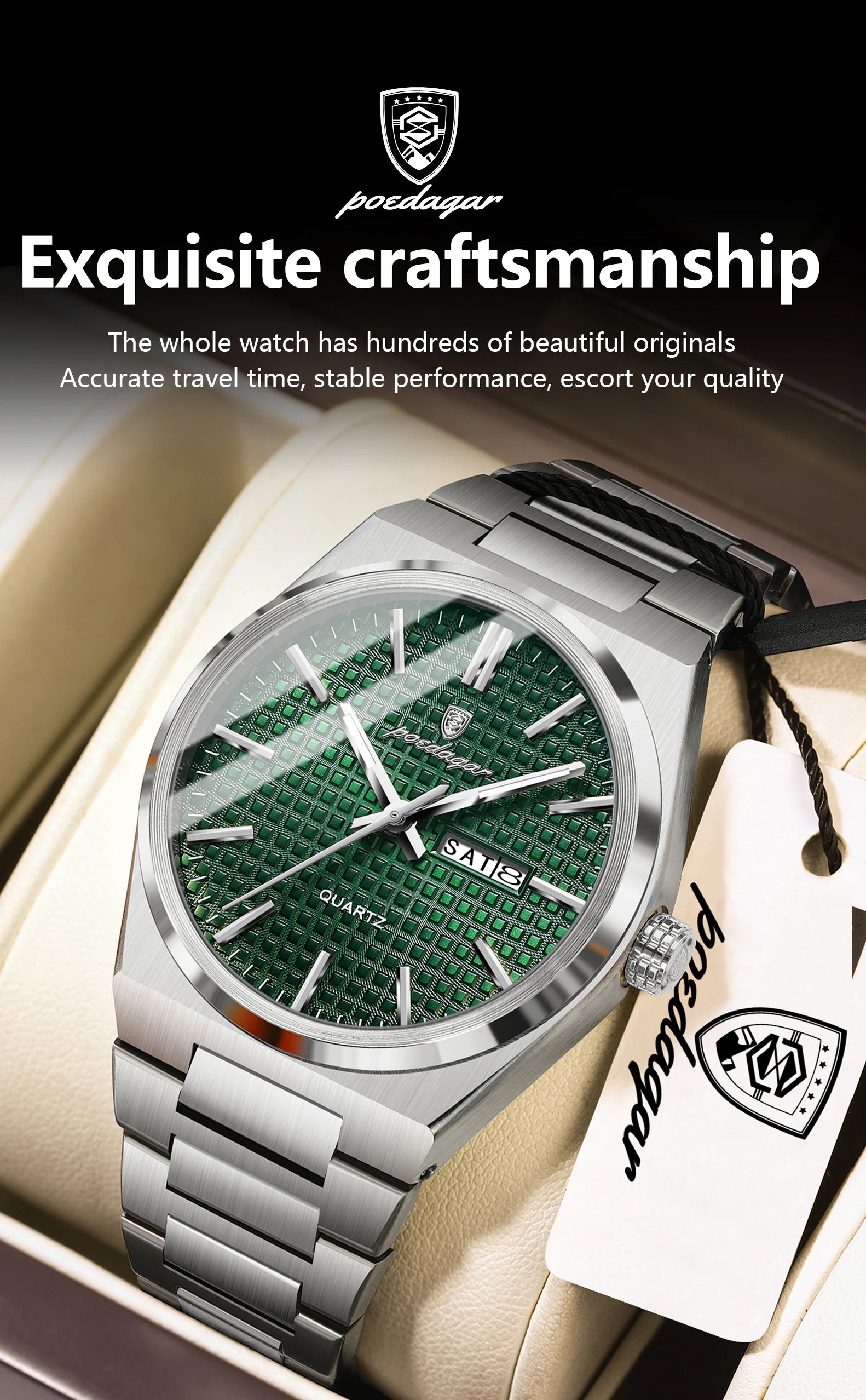 POEDAGAR Top Original Quartz Men Clock Waterproof Luminous Stainless Steel Man Wristwatch Date Week Business Men's Watches Reloj