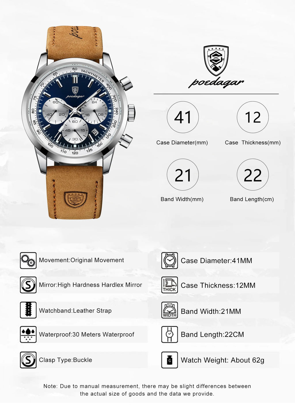 POEDAGAR Luxury Men's Quartz Wristwatch Chronograph Date Leather Man Watch Waterproof Luminous High Quality Fashion Men Watches
