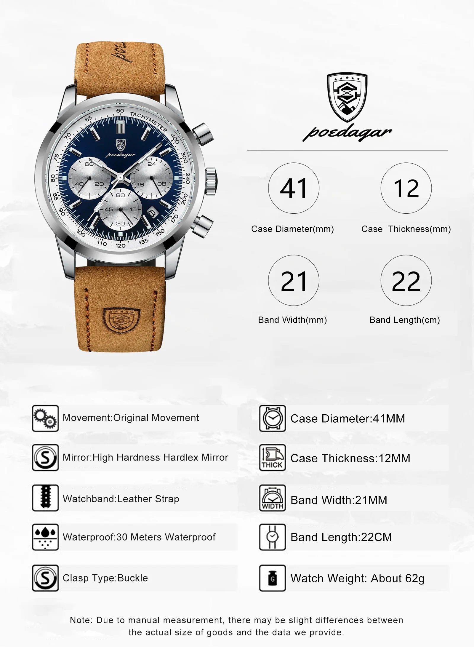POEDAGAR Luxury Men's Quartz Wristwatch Chronograph Date Leather Man Watch Waterproof Luminous High Quality Fashion Men Watches