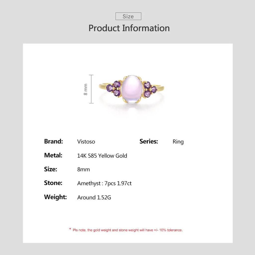 VISTOSO Authentic 14K 585 Yellow Gold Rings For Women Genuine Amethyst Solitaire Pink Engagement Wedding Delicate Fine Jewelry