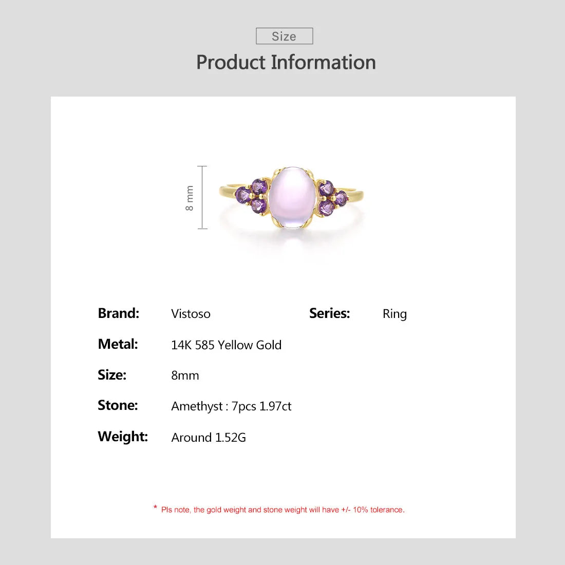 VISTOSO Authentic 14K 585 Yellow Gold Rings For Women Genuine Amethyst Solitaire Pink Engagement Wedding Delicate Fine Jewelry