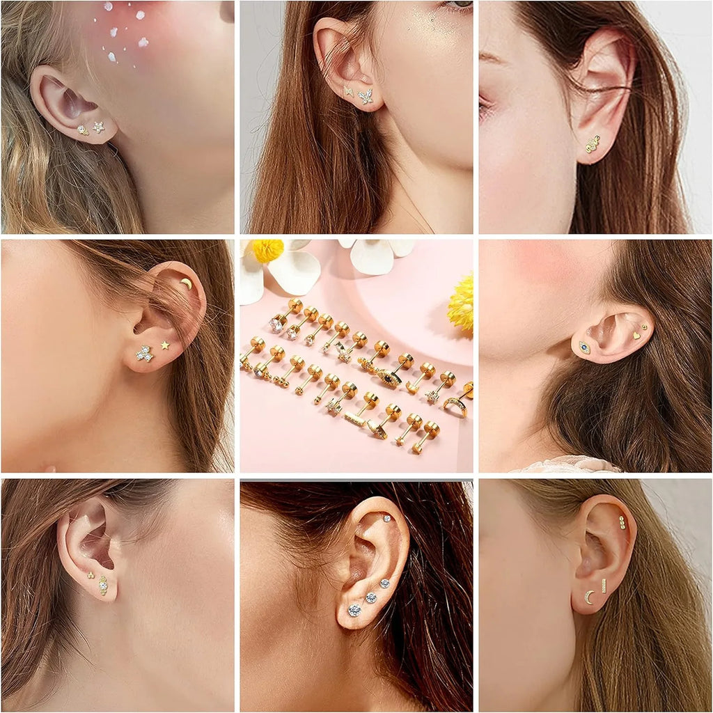 Bobisty 20PCS Flat Back Stud Earrings Surgical Steel Cartilage Earrings Tiny Ball Heart Star 20G Small Hypoallergenic Studs Set