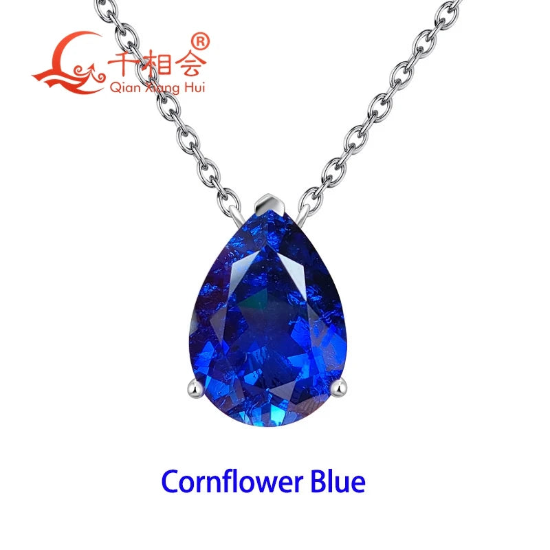 925 Silver Pear Shape 7ct 10x14mm Royal Blue/Cornflower Blue Lab Grown Created Sapphire Inclusions Stone Jewelry Pendant Necklac