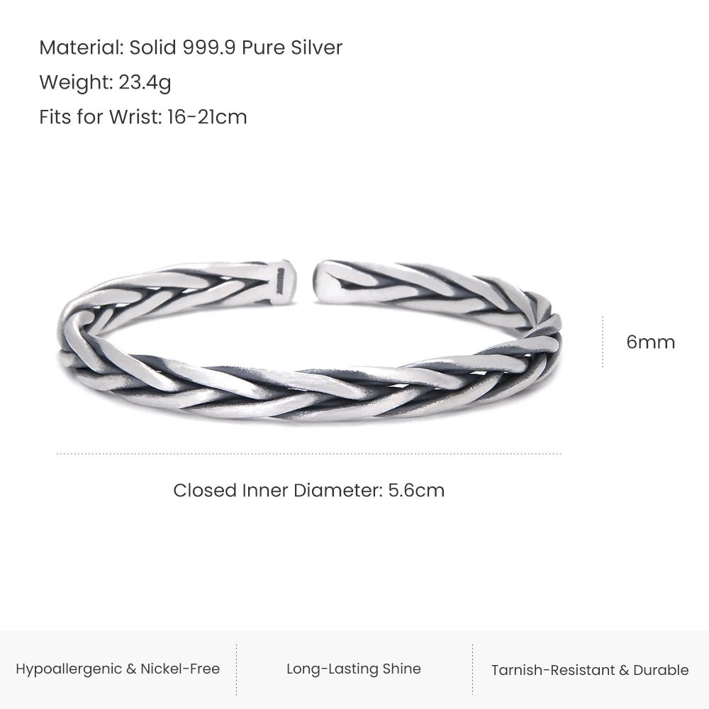 3pcs/set 999 Pure Silver Braided Bangle Bracelet Handwoven Rope Wristband Adjustable Vintage Set Jewelry Gift for Dad, Husband