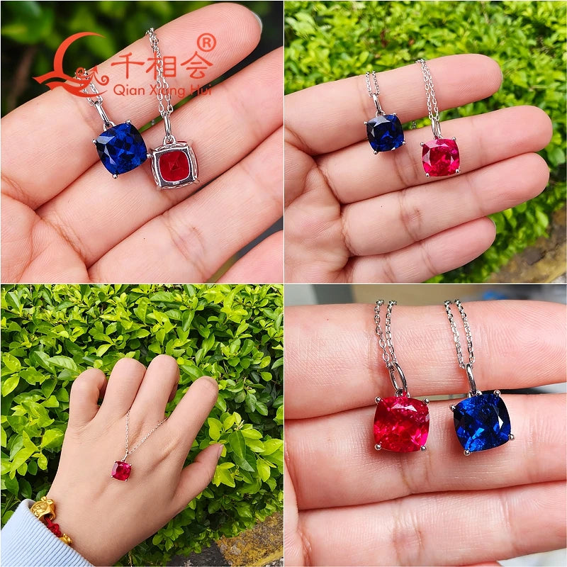 925 Silver 4ct 9*9mm Cushion Royal Blue/Cornflower Sapphire Pigeon Blood Red Ruby Inclusions Stone Jewelry for Pendant Necklace