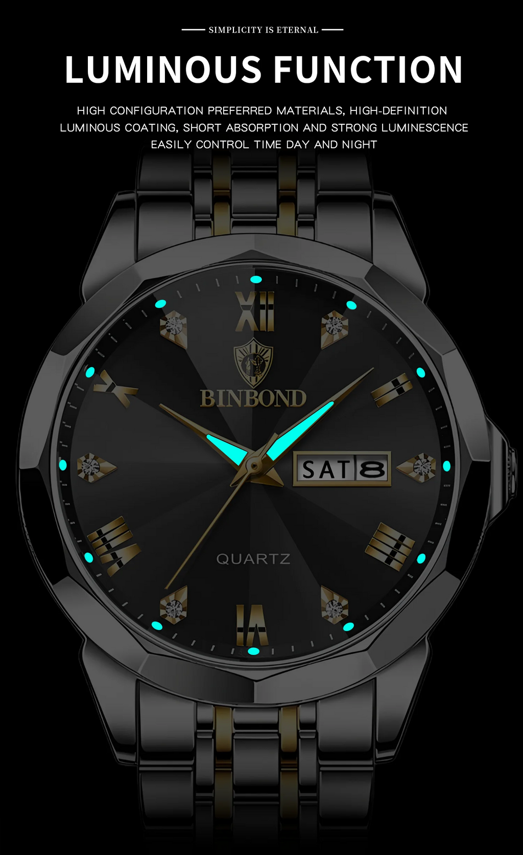 BINBOND Taper Glass Luxury Quartz Wristwatches For Men Luminous Waterproof Precise Durable men's Watch Stainless Steel Reloj