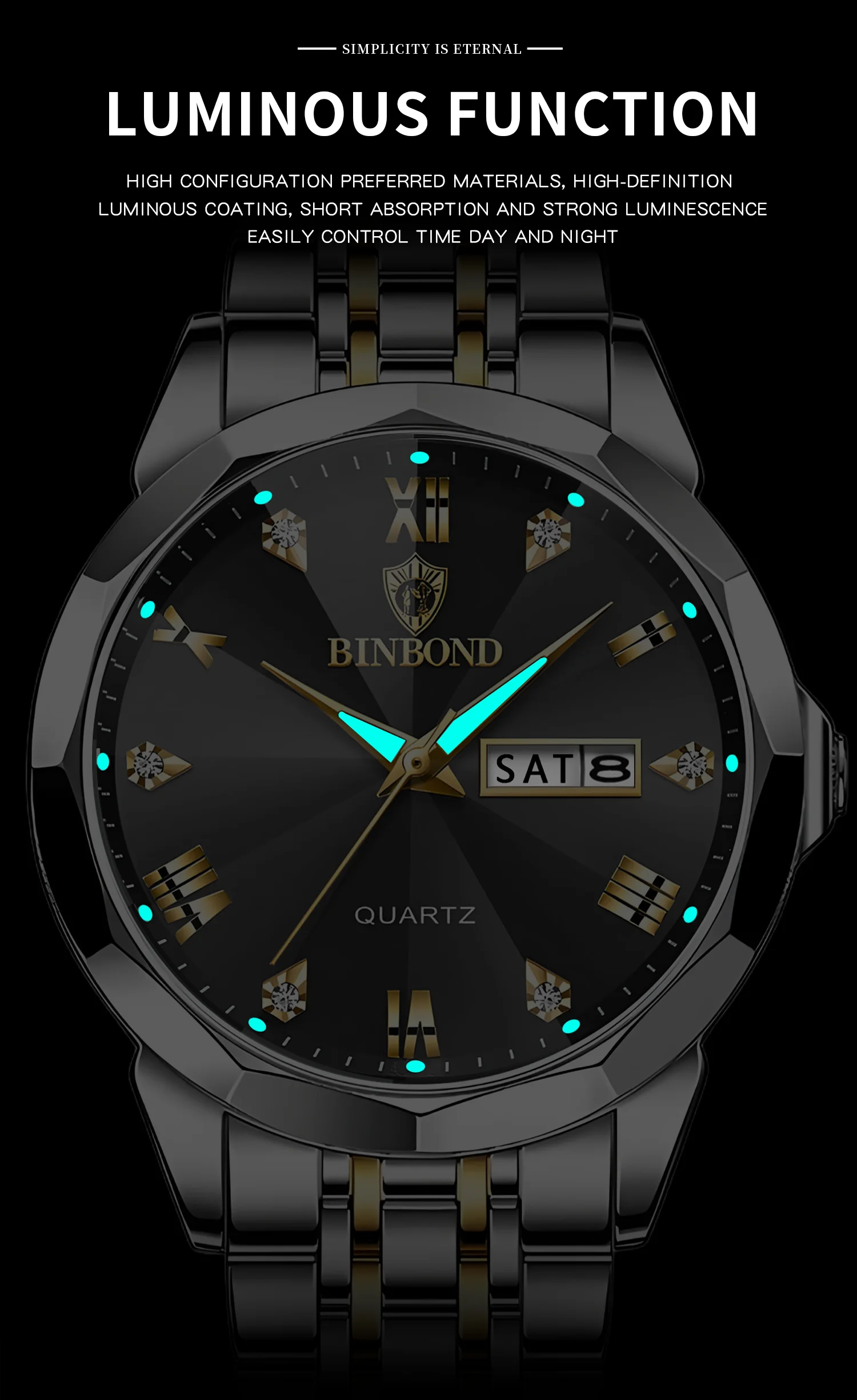 BINBOND Taper Glass Luxury Quartz Wristwatches For Men Luminous Waterproof Precise Durable men's Watch Stainless Steel Reloj