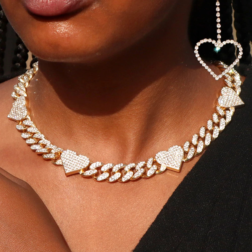 Heart Cuban Chain Necklace for Women, Gold Silver Color Iced Out Rhinestone Choker, 16/18/20 Inch Link Chain Jewelry